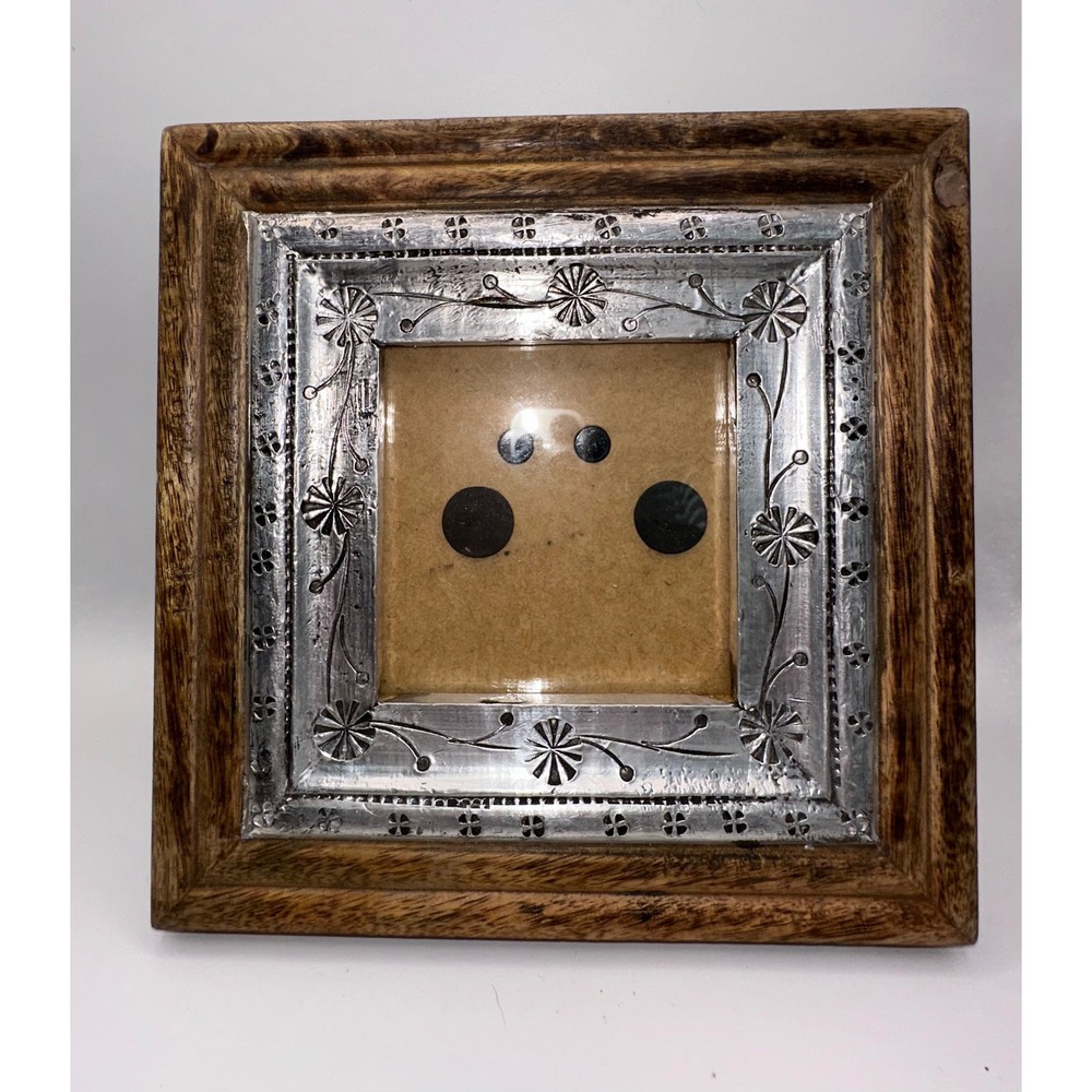 Rustic Wood and Embossed Silver Metal Floral Square Picture Frame 7.5x7.5